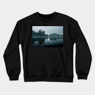 Foggy Lake Falling Raindrops On A Rainy Autumn Day Crewneck Sweatshirt